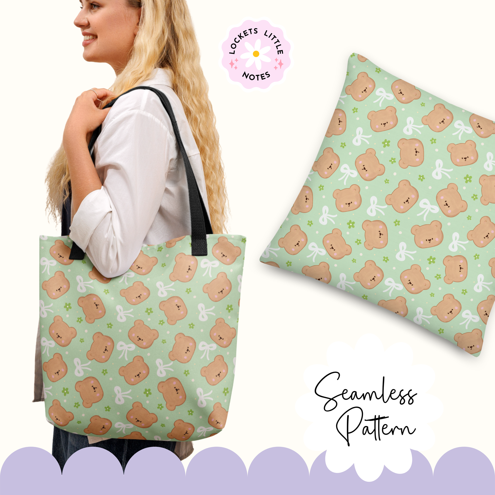 Seamless pattern featuring handdrawn bears and green wildflowers and white bows on a Pastel green background. with print examples on a bag and cushion mocks