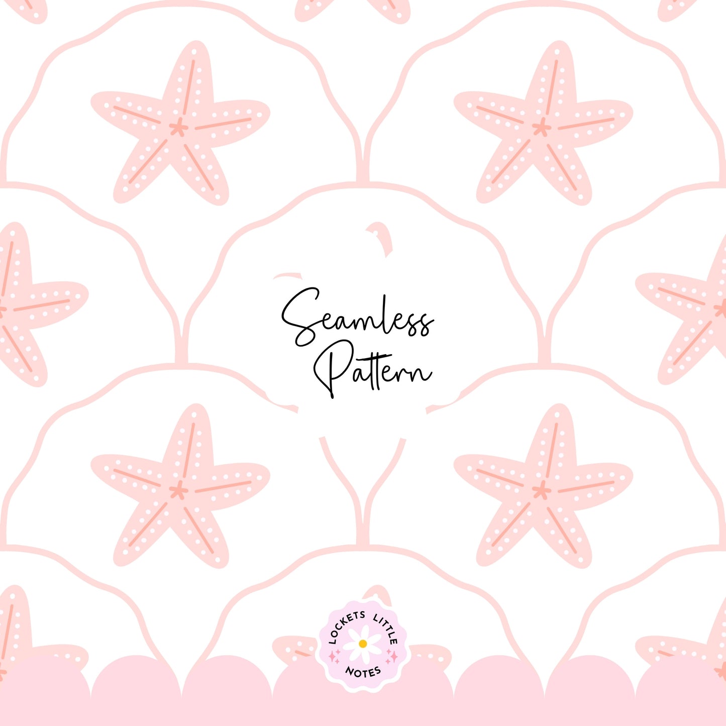 Seamless pattern of pink starfish on a scallop design with white background. Coastal beach surface pattern design decor.