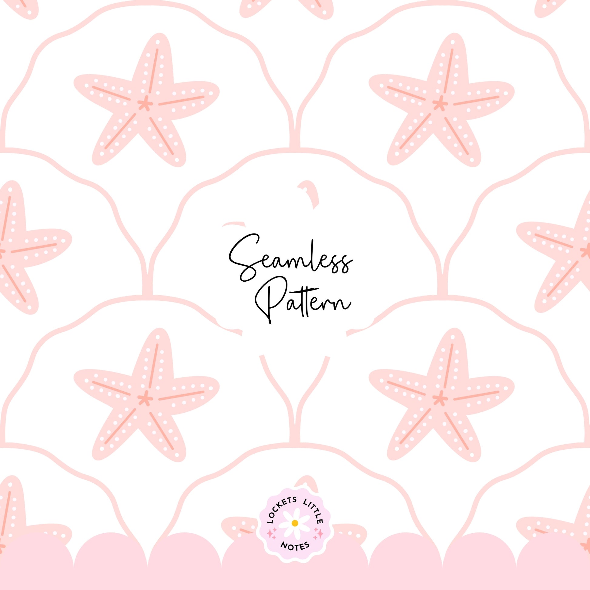 Seamless pattern of pink starfish on a scallop design with white background. Coastal beach surface pattern design decor.