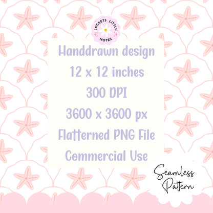 Seamless pattern of pink starfish on a scallop design with white background. Coastal beach surface pattern design decor.