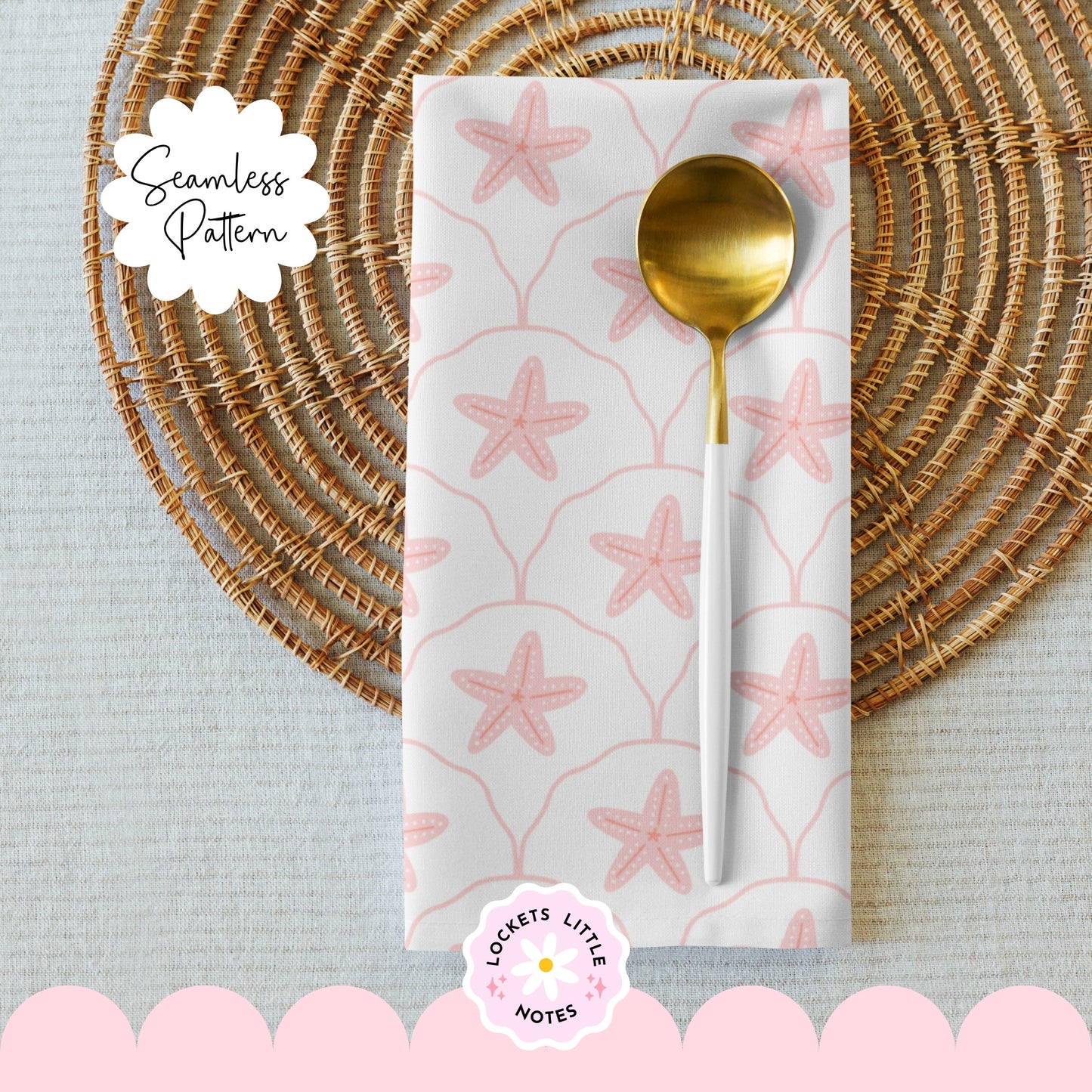 Seamless pattern of pink starfish on a scallop design with white background. Coastal beach surface pattern design decor.