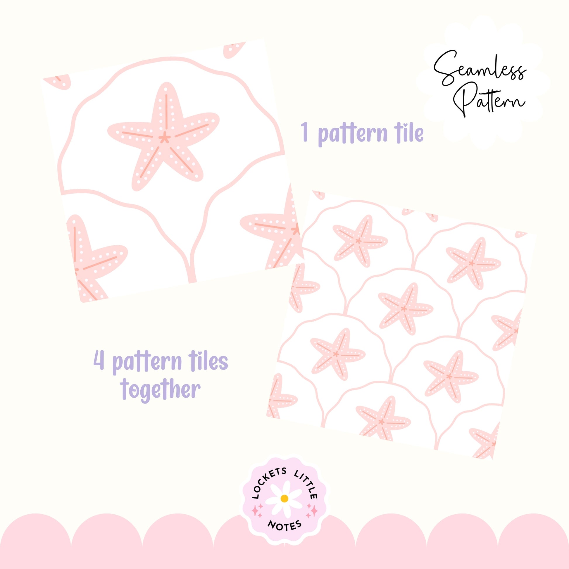 Seamless pattern of pink starfish on a scallop design with white background. Coastal beach surface pattern design decor.