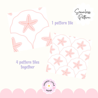 Seamless pattern of pink starfish on a scallop design with white background. Coastal beach surface pattern design decor.