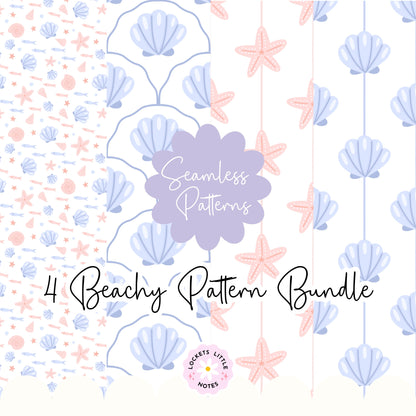 Classic Coastal Seashell Seamless Pattern Bundle | Preppy Blue & Pink Pinstripe Scallop Fabric Design Pack | Digital Download PNG Set