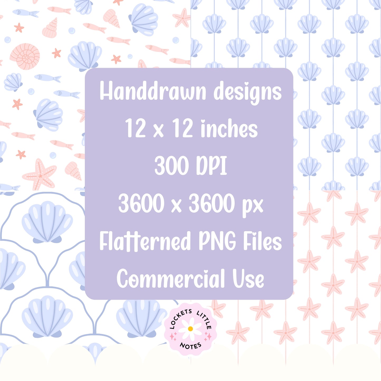 Classic Coastal Seashell Seamless Pattern Bundle | Preppy Blue & Pink Pinstripe Scallop Fabric Design Pack | Digital Download PNG Set