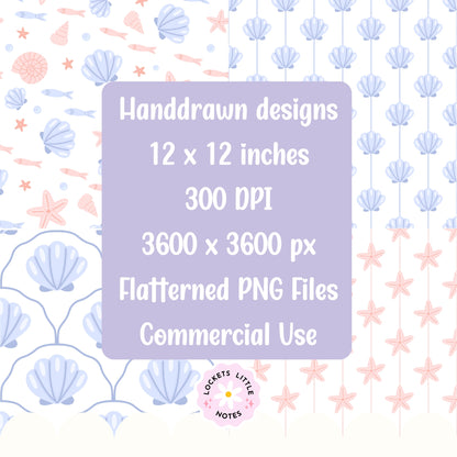 Classic Coastal Seashell Seamless Pattern Bundle | Preppy Blue & Pink Pinstripe Scallop Fabric Design Pack | Digital Download PNG Set