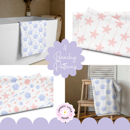 Classic Coastal Seashell Seamless Pattern Bundle | Preppy Blue & Pink Pinstripe Scallop Fabric Design Pack | Digital Download PNG Set