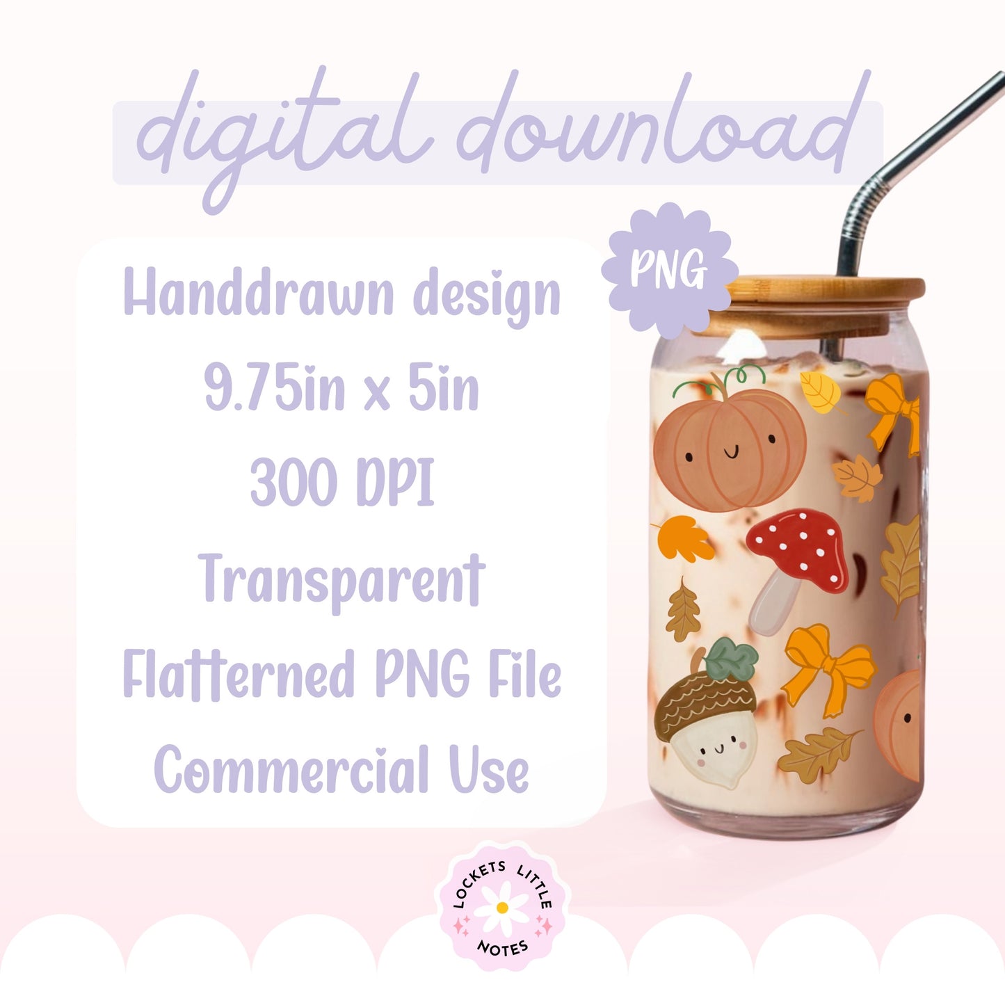 Cute Kawaii Autumn Glass Can Wrap PNG | Coquette Pumpkin & Orange Bow Libbey Cup Design | Whimsical Fall Toadstool Drinkware Download