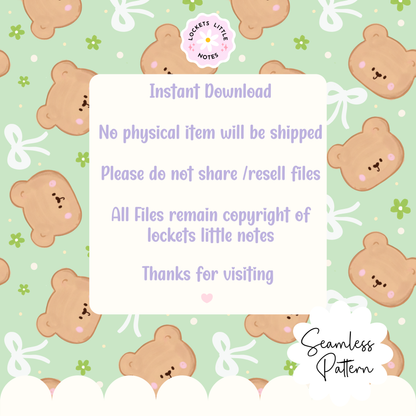 Seamless pattern featuring handdrawn bears and green wildflowers and white bows on a Pastel green background.