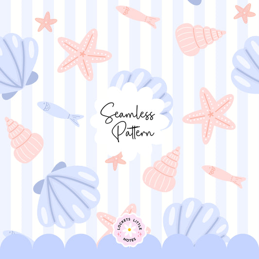 Coastal Seashell & Stripe Seamless Pattern PNG | Digital Download