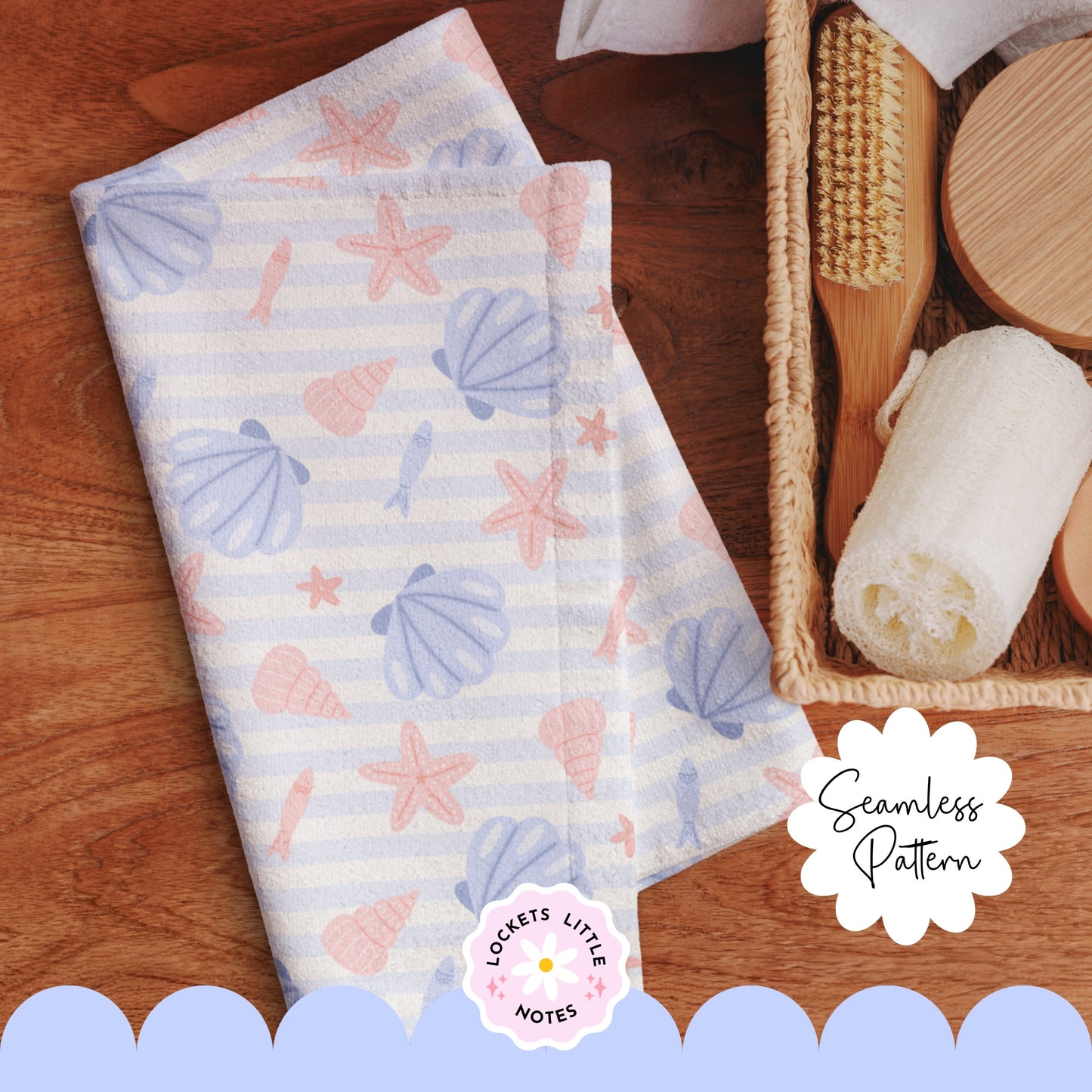 Coastal Seashell & Stripe Seamless Pattern PNG | Digital Download