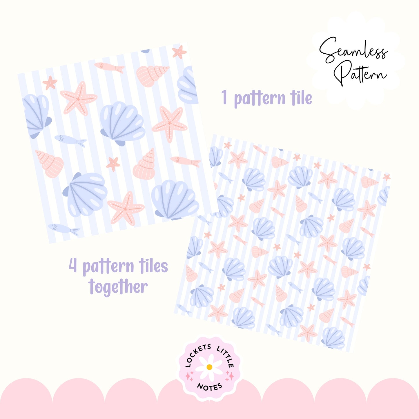 Coastal Seashell & Stripe Seamless Pattern PNG | Digital Download
