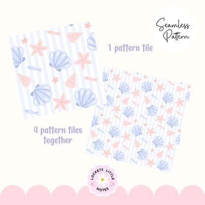 Coastal Seashell & Stripe Seamless Pattern PNG | Digital Download