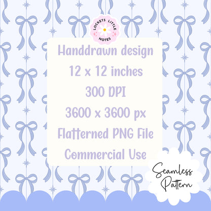 Blue Festive Bow & Star Pinstripe Seamless Pattern PNG | Digital Download