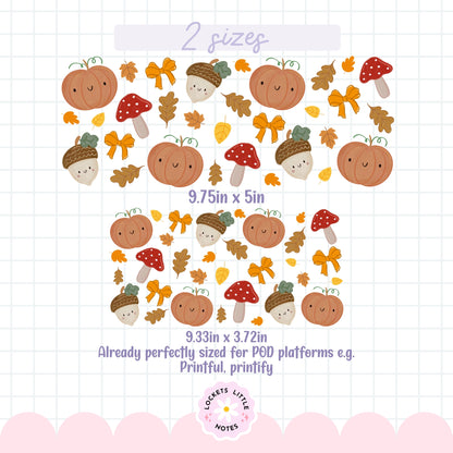 Cute Kawaii Autumn Glass Can Wrap PNG | Coquette Pumpkin & Orange Bow Libbey Cup Design | Whimsical Fall Toadstool Drinkware Download