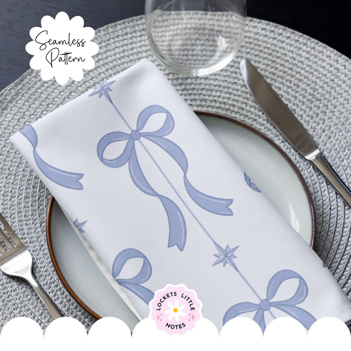 Blue Festive Bow & Star Pinstripe Seamless Pattern PNG | Digital Download