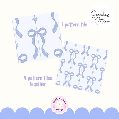 Blue Festive Bow & Star Pinstripe Seamless Pattern PNG | Digital Download