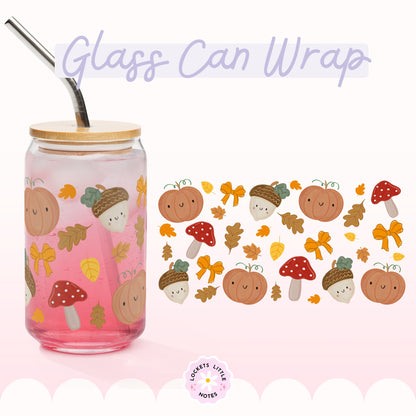 Cute Kawaii Autumn Glass Can Wrap PNG | Coquette Pumpkin & Orange Bow Libbey Cup Design | Whimsical Fall Toadstool Drinkware Download