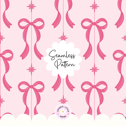 Pink Festive Bow & Star Pinstripe Seamless Pattern PNG | Digital Download