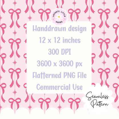 Pink Festive Bow & Star Pinstripe Seamless Pattern PNG | Digital Download