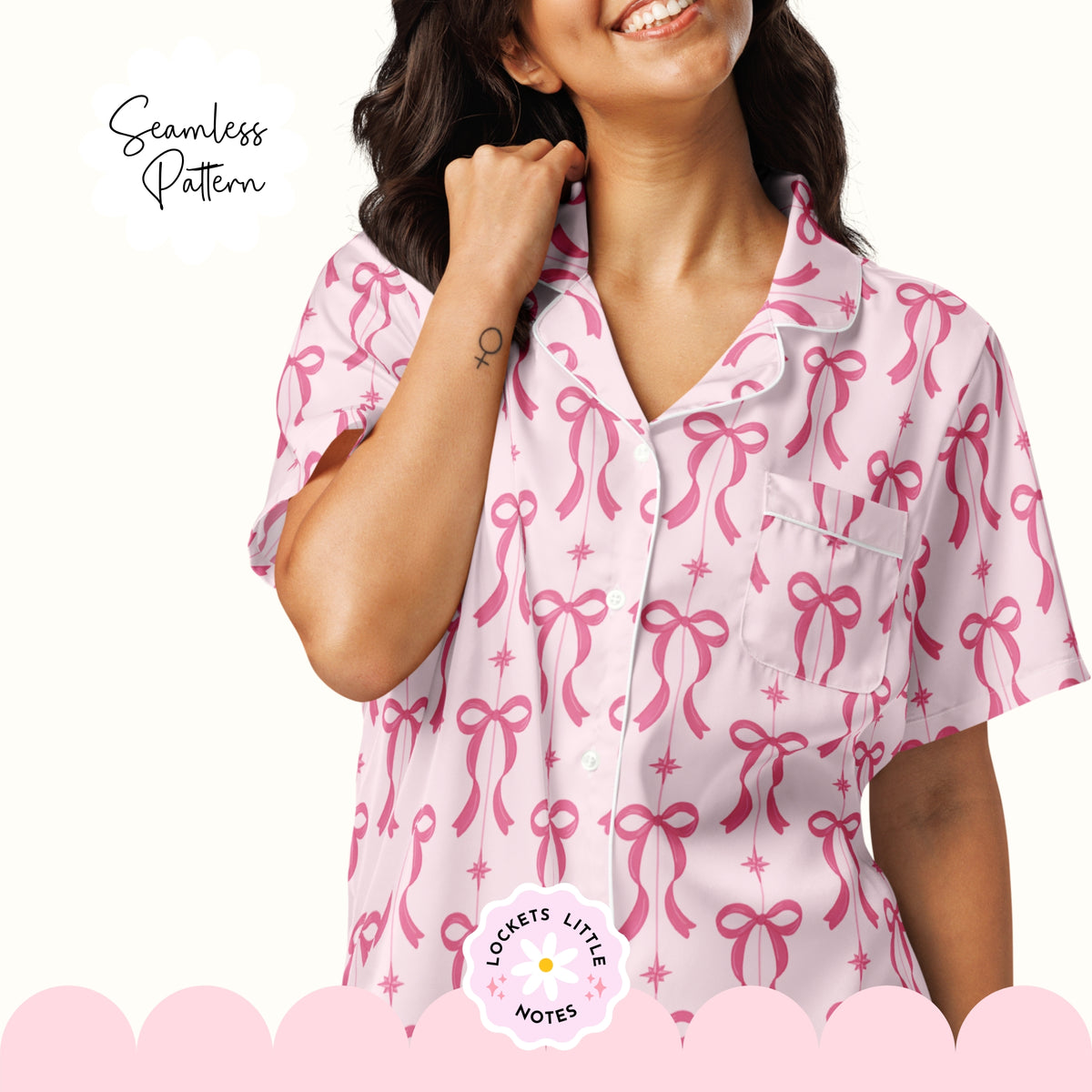 Pink Festive Bow & Star Pinstripe Seamless Pattern PNG | Digital Download