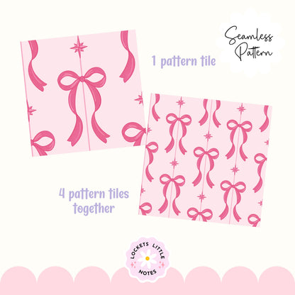 Pink Festive Bow & Star Pinstripe Seamless Pattern PNG | Digital Download