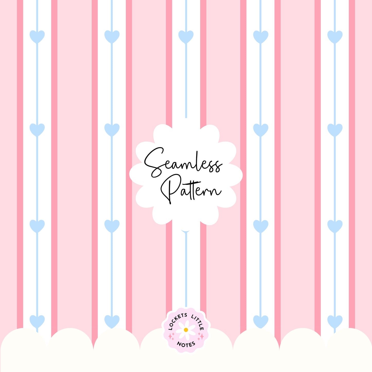 Seamless pattern featuring dainty blue hearts on a pink, white, and blue vertical pinstripe background.