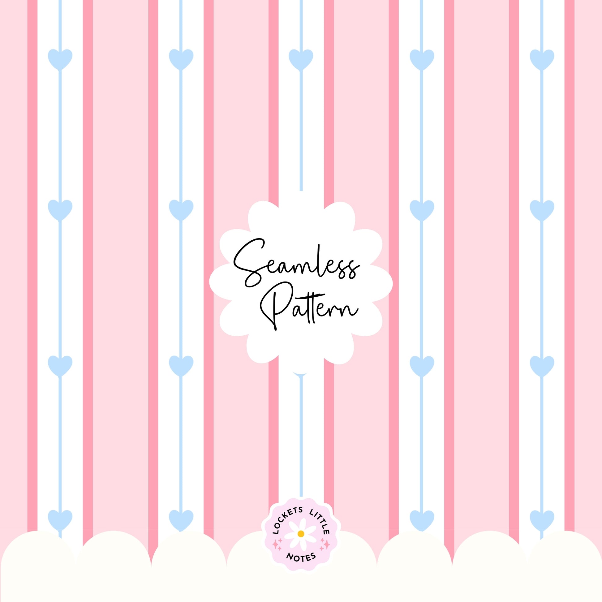Seamless pattern featuring dainty blue hearts on a pink, white, and blue vertical pinstripe background.