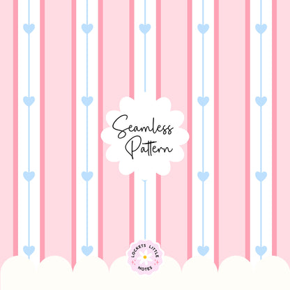 Seamless pattern featuring dainty blue hearts on a pink, white, and blue vertical pinstripe background.