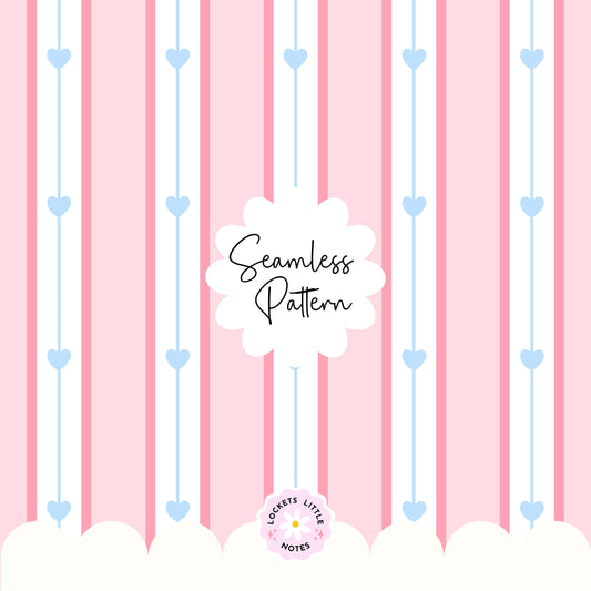 Seamless pattern featuring dainty blue hearts on a pink, white, and blue vertical pinstripe background.