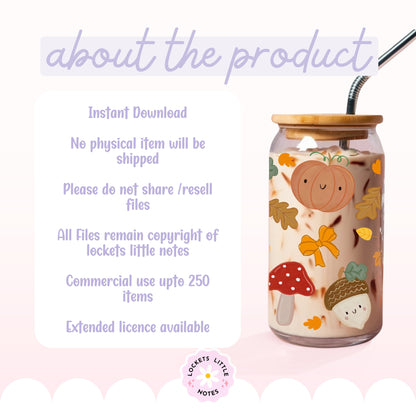 Cute Kawaii Autumn Glass Can Wrap PNG | Coquette Pumpkin & Orange Bow Libbey Cup Design | Whimsical Fall Toadstool Drinkware Download
