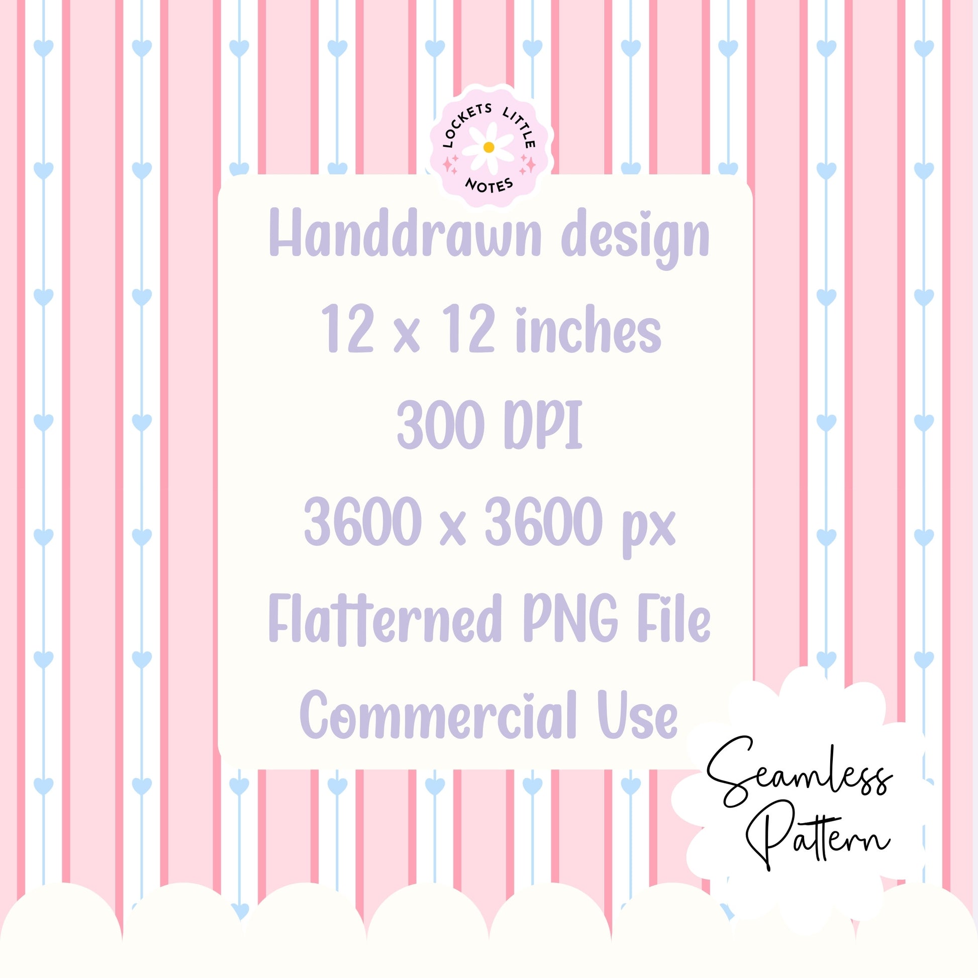 Handdrawn design with pink and blue striped pattern and text about dimensions and usage. Seamless pattern featuring dainty blue hearts on a pink, white, and blue vertical pinstripe background.