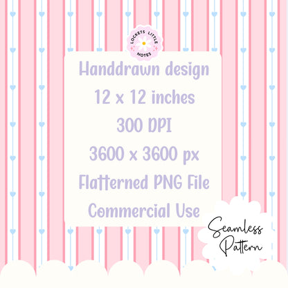 Handdrawn design with pink and blue striped pattern and text about dimensions and usage. Seamless pattern featuring dainty blue hearts on a pink, white, and blue vertical pinstripe background.