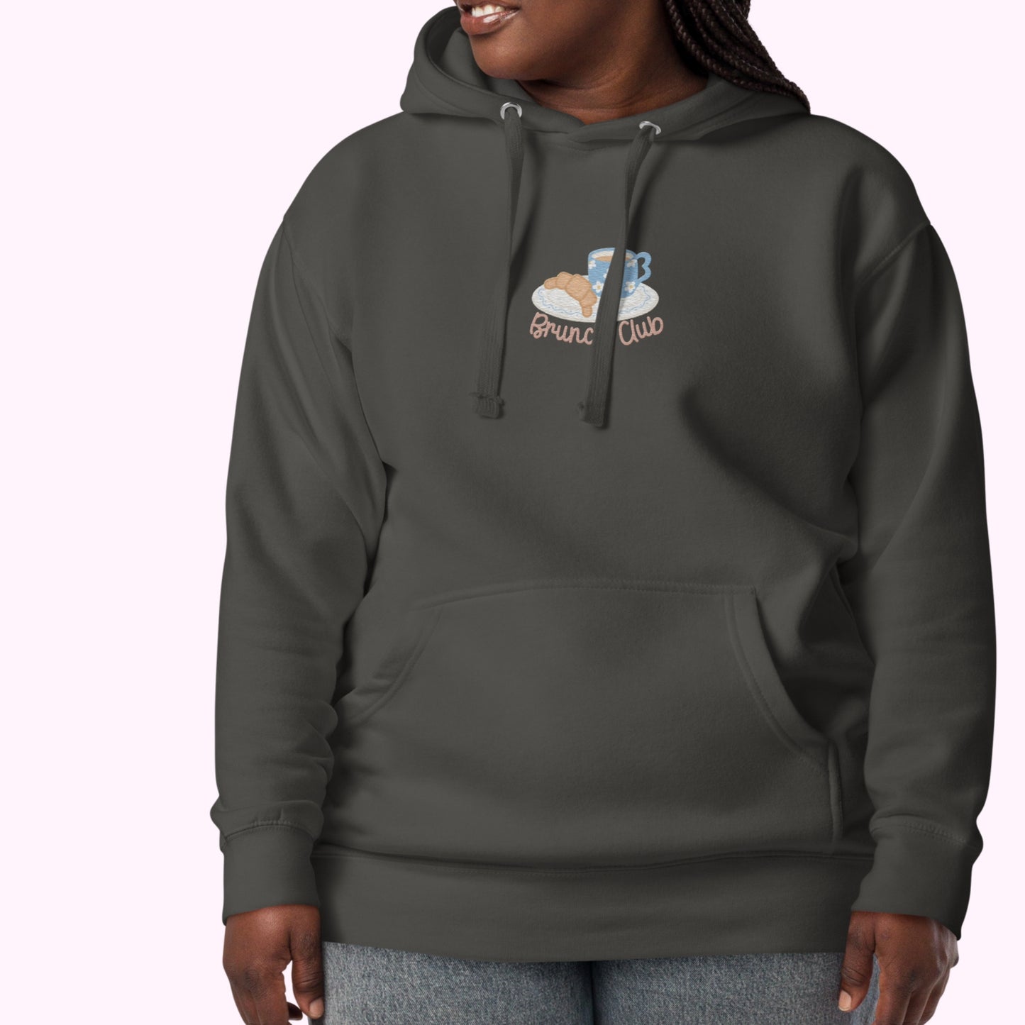 The "Brunch Club" Embroidered Hoodie | Whimsical Vintage Croissant & Mug Design