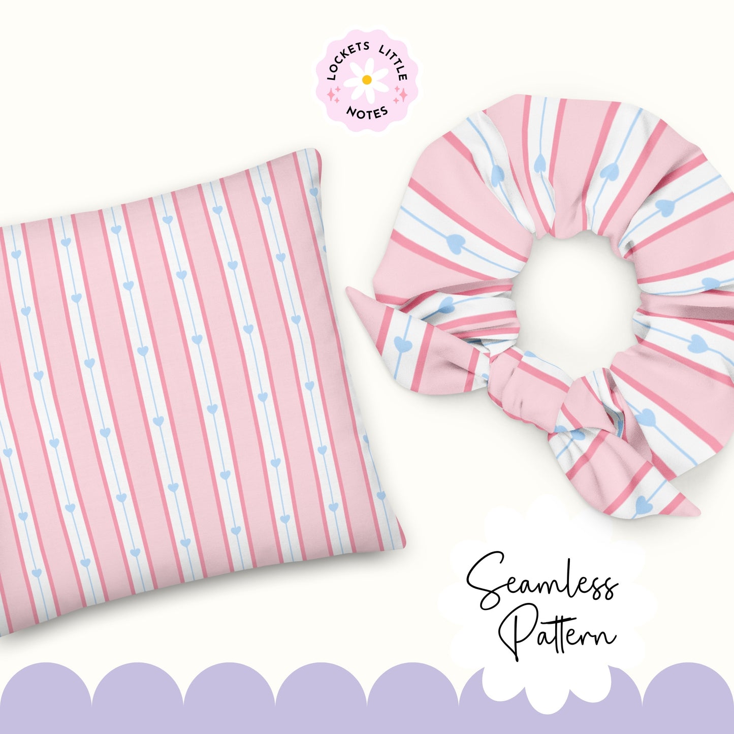 Pink striped headband and pouch with blue hearts on a white background, featuring 'Lockets Little Notes' brand. Seamless pattern featuring dainty blue hearts on a pink, white, and blue vertical pinstripe background.