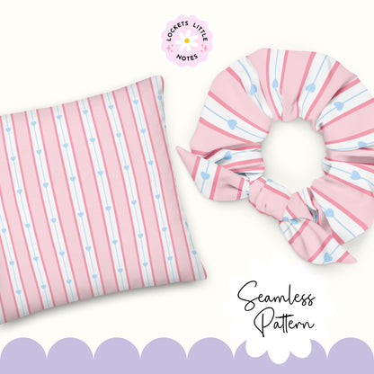 Pink striped headband and pouch with blue hearts on a white background, featuring 'Lockets Little Notes' brand. Seamless pattern featuring dainty blue hearts on a pink, white, and blue vertical pinstripe background.