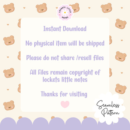 High-resolution seamless pattern tile featuring vintage-style brown teddy bears with dainty pink satin ribbons and bows on a clean cream background.
