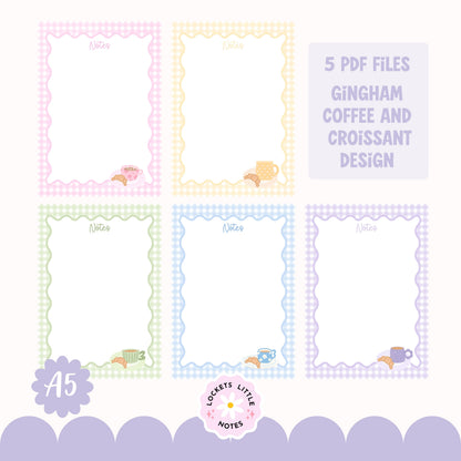 Gingham coffee and croissant design stationery pastel gingham notepad, watercolor café illustration details, and GoodNotes iPad tablet templates.