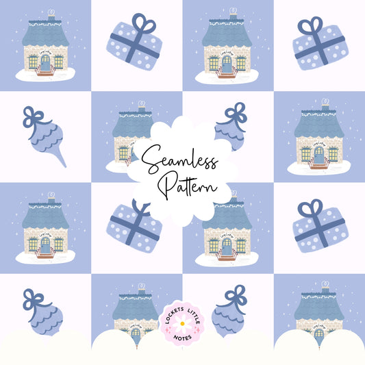 Blue Cosy Christmas Check Seamless Pattern PNG | Digital Download