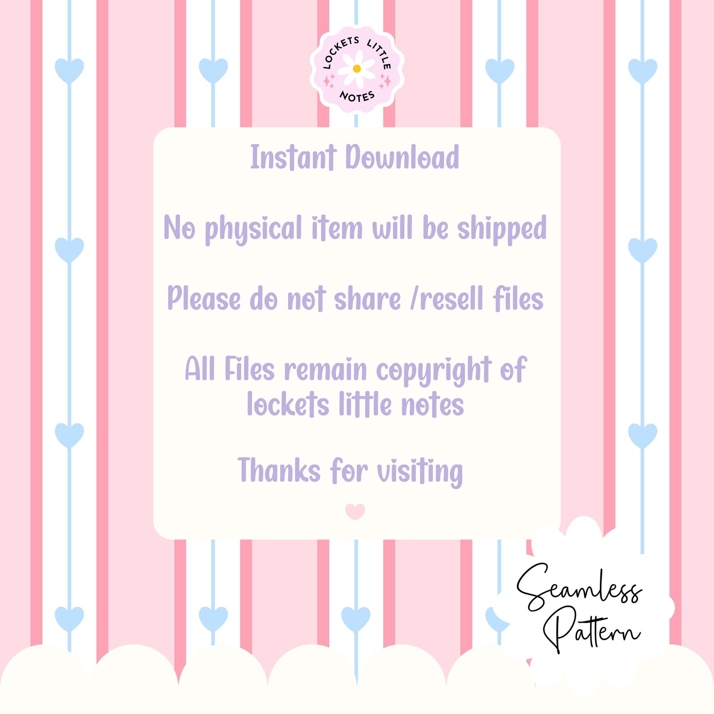 Seamless pattern featuring dainty blue hearts on a pink, white, and blue vertical pinstripe background.