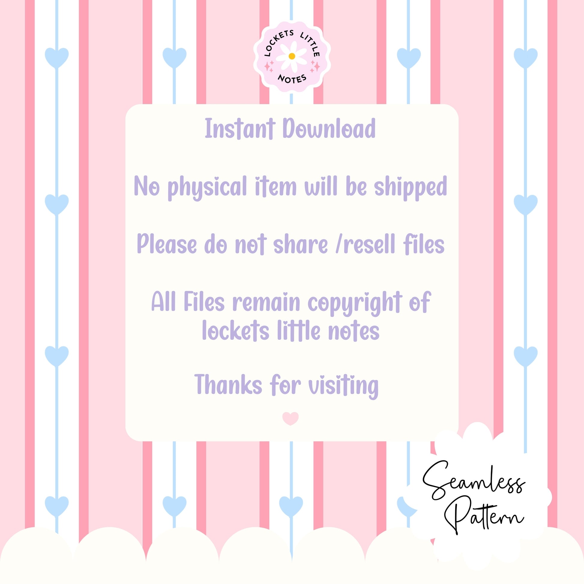 Seamless pattern featuring dainty blue hearts on a pink, white, and blue vertical pinstripe background.