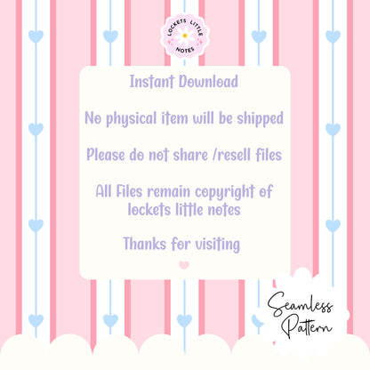 Seamless pattern featuring dainty blue hearts on a pink, white, and blue vertical pinstripe background.