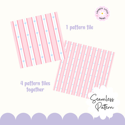 Seamless pattern featuring dainty blue hearts on a pink, white, and blue vertical pinstripe background.