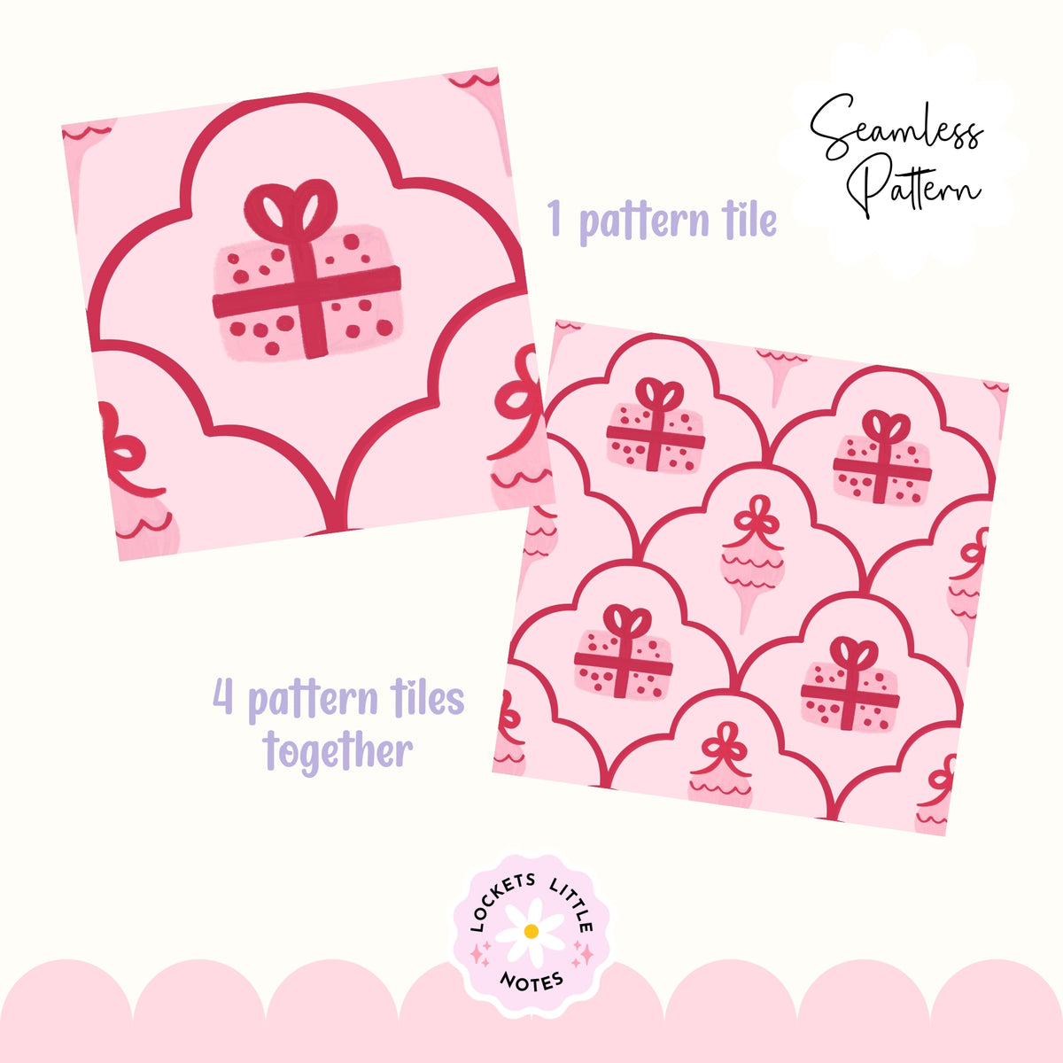Pink Christmas Scallop Seamless Pattern PNG | Digital Download