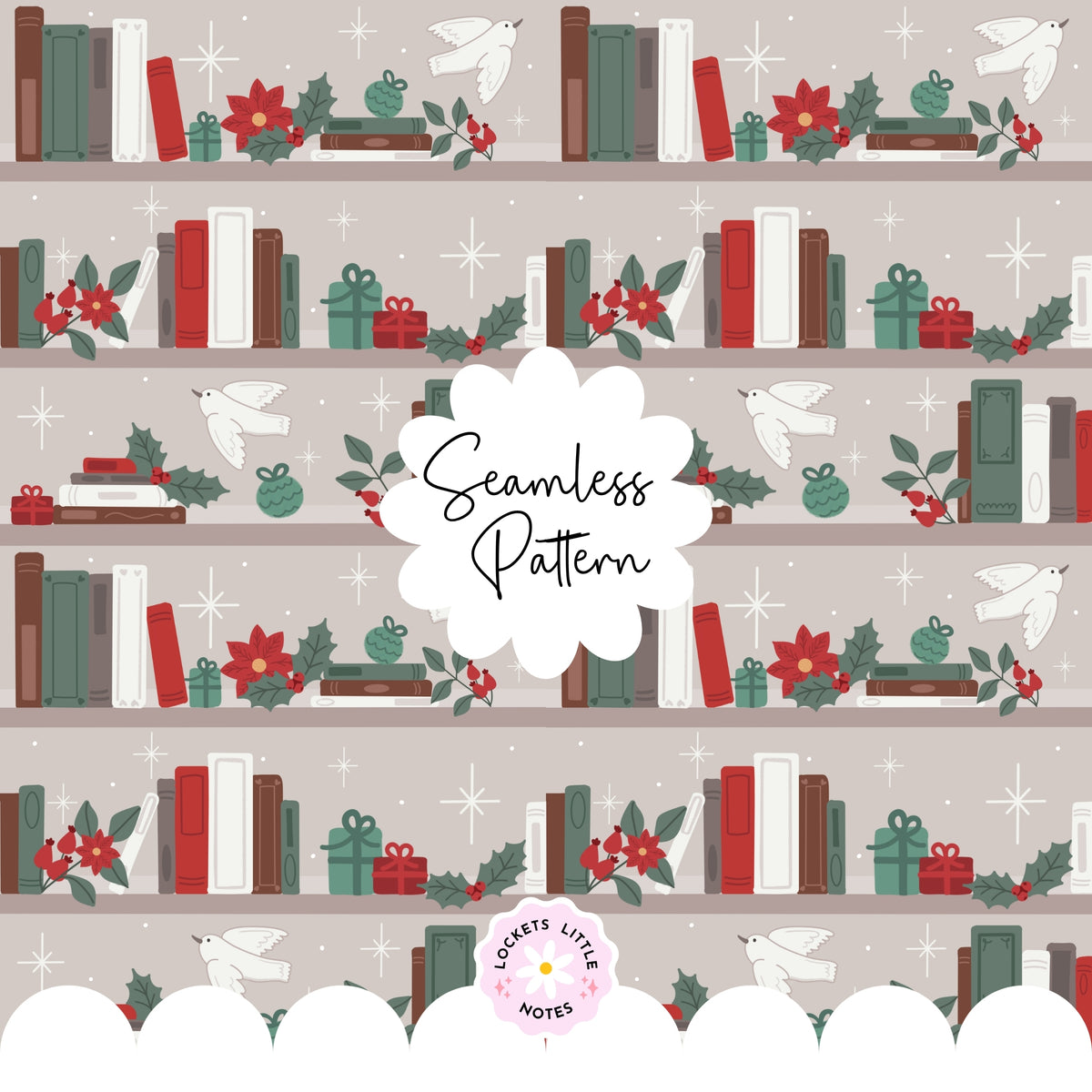 Magical Christmas Bookshelf Seamless Pattern PNG | Digital Download