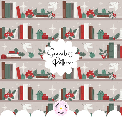 Magical Christmas Bookshelf Seamless Pattern PNG | Digital Download