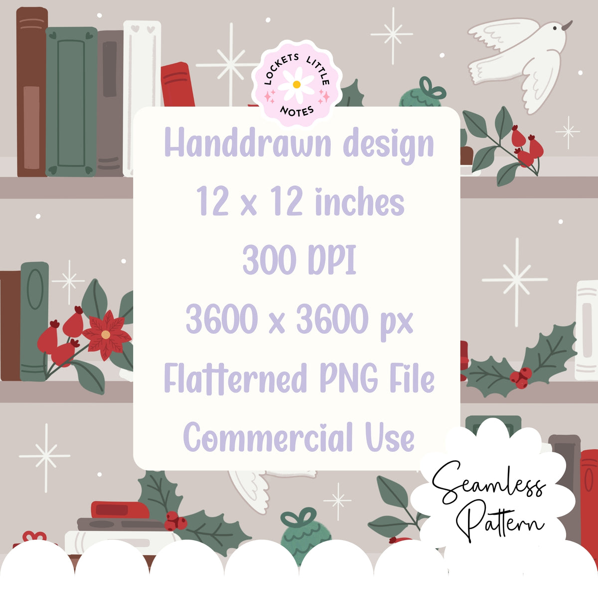 Magical Christmas Bookshelf Seamless Pattern PNG | Digital Download