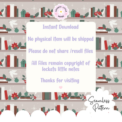 Magical Christmas Bookshelf Seamless Pattern PNG | Digital Download