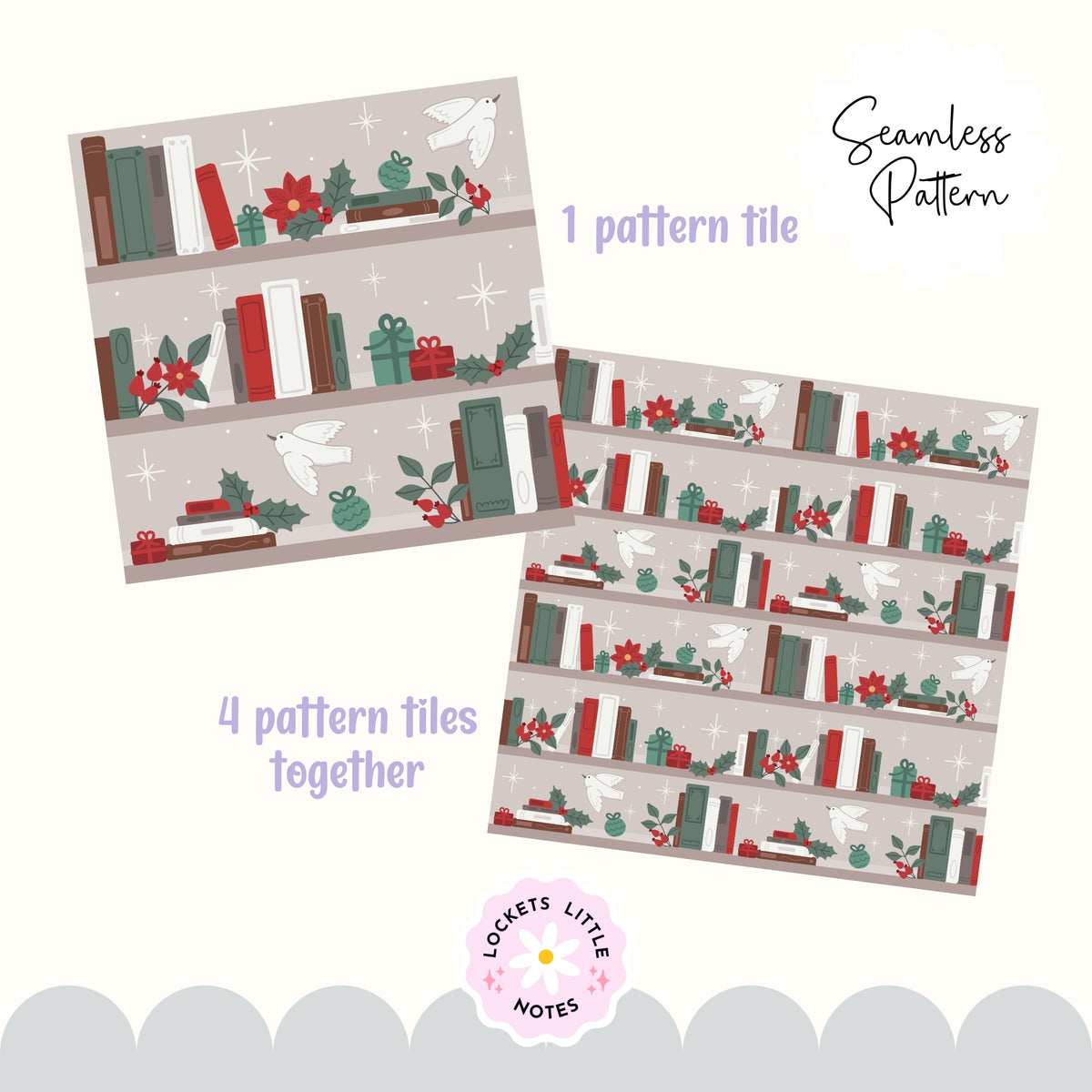 Magical Christmas Bookshelf Seamless Pattern PNG | Digital Download