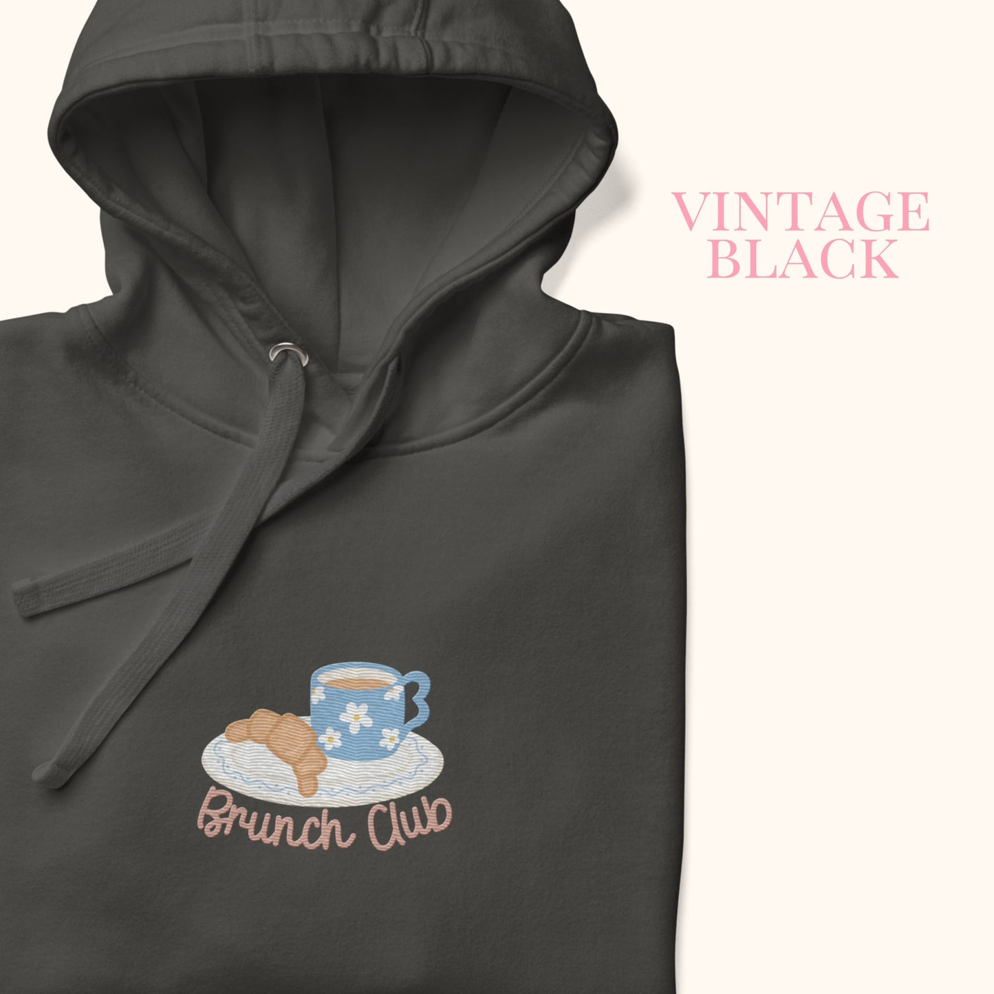 The "Brunch Club" Embroidered Hoodie | Whimsical Vintage Croissant & Mug Design